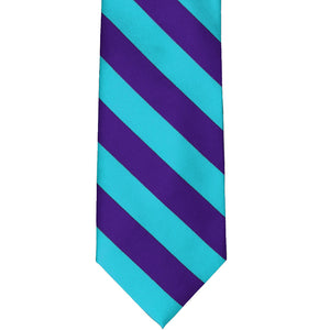 Front view of a turquoise and dark purple striped tie