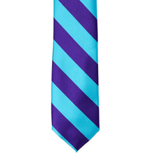 Load image into Gallery viewer, The front of a dark purple and turquoise striped slim tie.