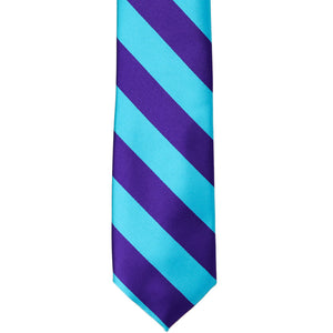 The front of a dark purple and turquoise striped slim tie.