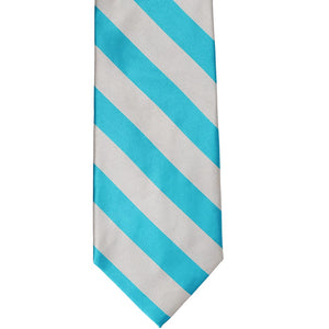 The front of a turquoise and silver striped tie, laid out flat