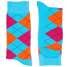 Load image into Gallery viewer, Pair of fun and colorful turquoise, orange and fuchsia argyle socks for men