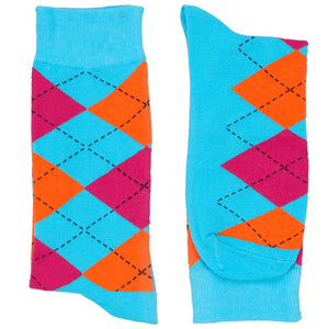 Pair of fun and colorful turquoise, orange and fuchsia argyle socks for men