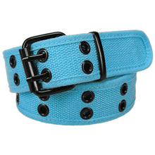 Load image into Gallery viewer, Coiled bright blue double grommet belt with black hardware