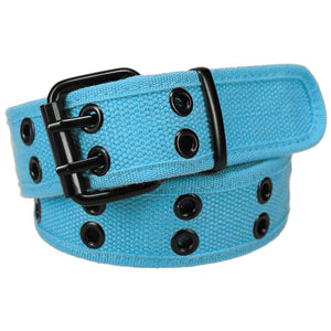 Coiled bright blue double grommet belt with black hardware