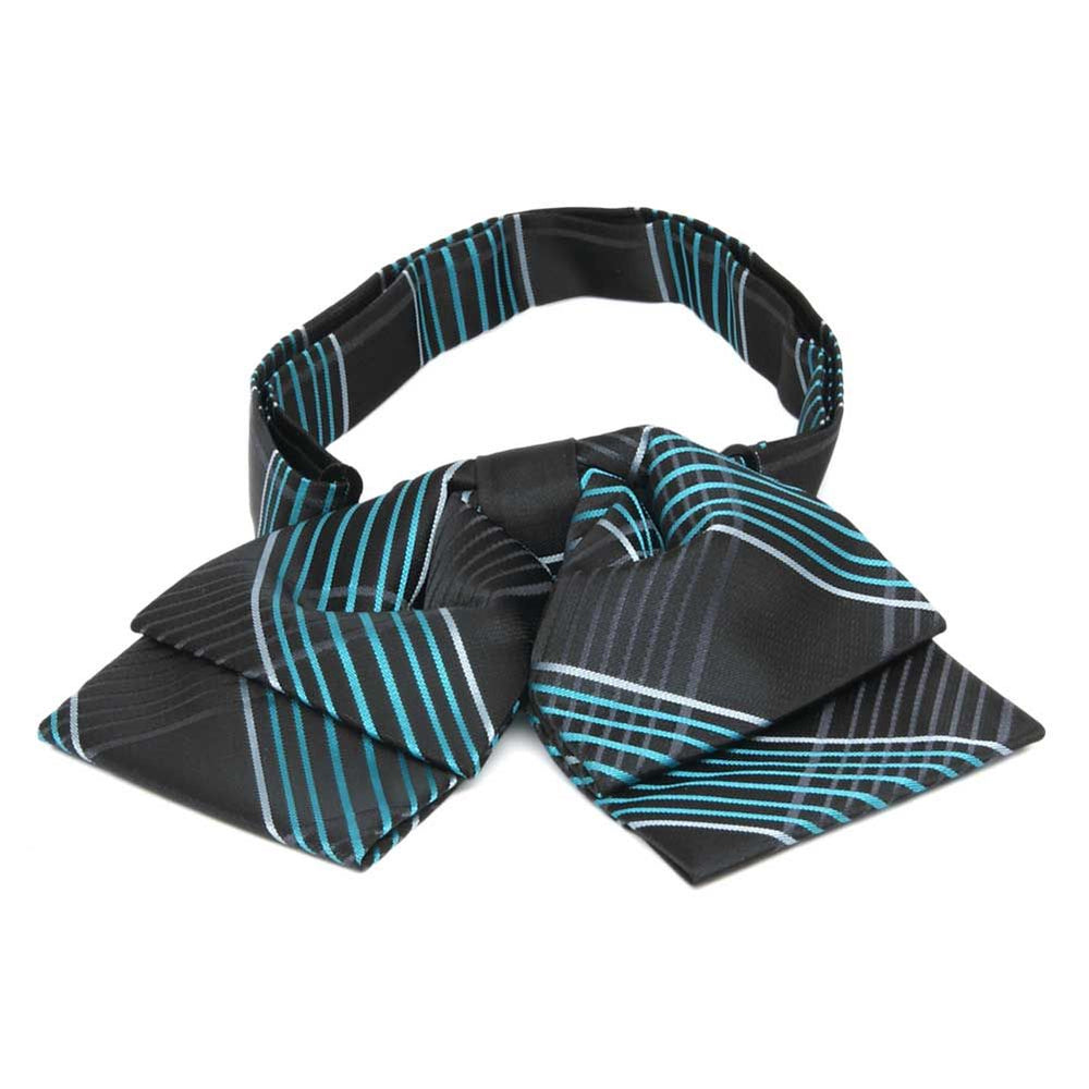 Front view of a turquoise and black plaid floppy bow tie