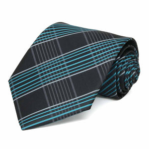 Turquoise and black plaid necktie, rolled to show pattern up close
