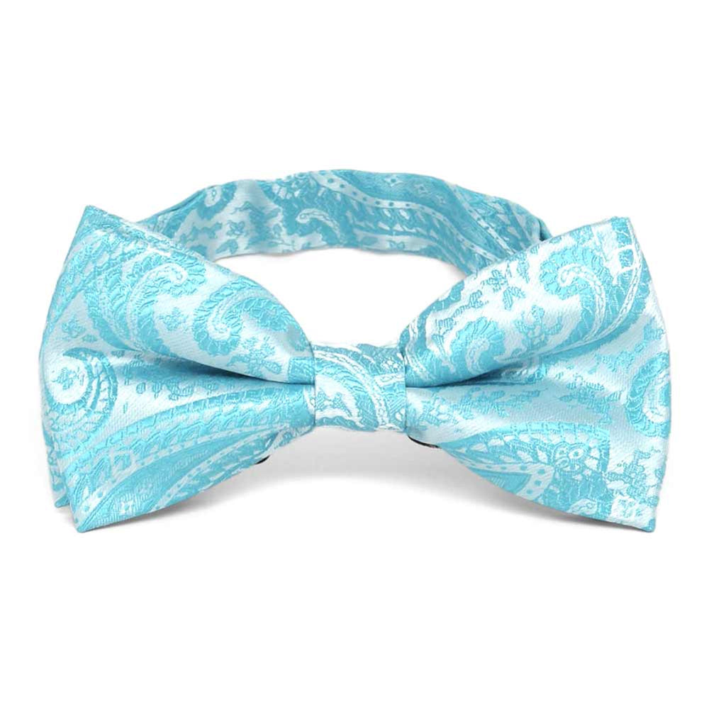 Turquoise paisley bow tie, close up front view