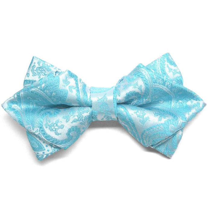 Turquoise paisley diamond tip bow tie, close up front view to show pattern