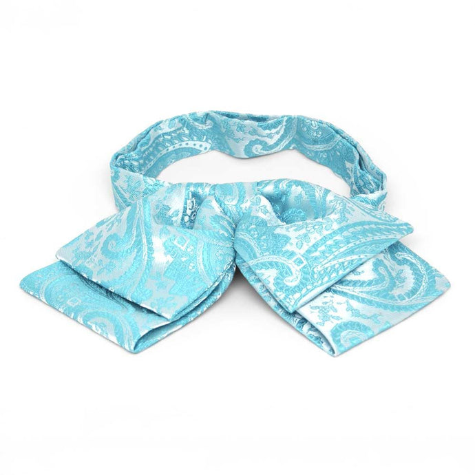 Turquoise paisley floppy bow tie, front view