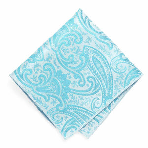 Turquoise paisley pocket square, flat front view