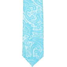 Load image into Gallery viewer, The front, bottom tip of a turquoise paisley slim tie