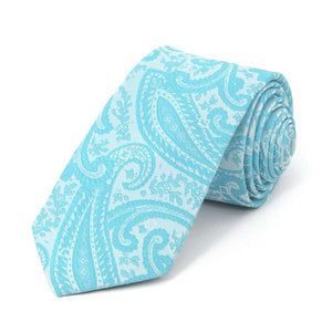 Turquoise paisley slim necktie, rolled to show pattern up close