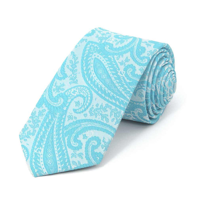 Turquoise paisley slim necktie, rolled to show pattern up close