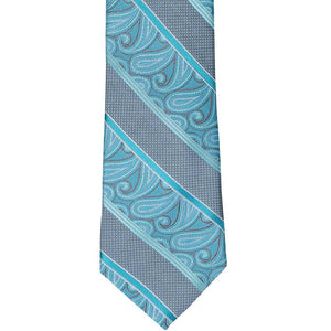 The front view of a turquoise paisley striped tie