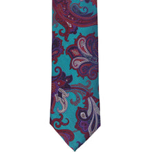 Load image into Gallery viewer, Front bottom view of a turquoise and jewel-toned paisley necktie