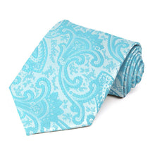 Load image into Gallery viewer, Turquoise paisley necktie, rolled view to show pattern