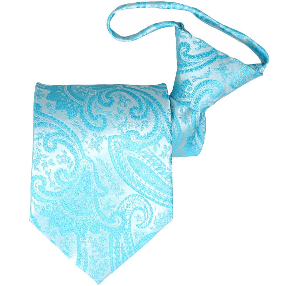 Turquoise paisley zipper tie, folded front view