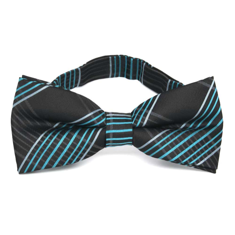 Black and turquoise plaid bow tie, front view