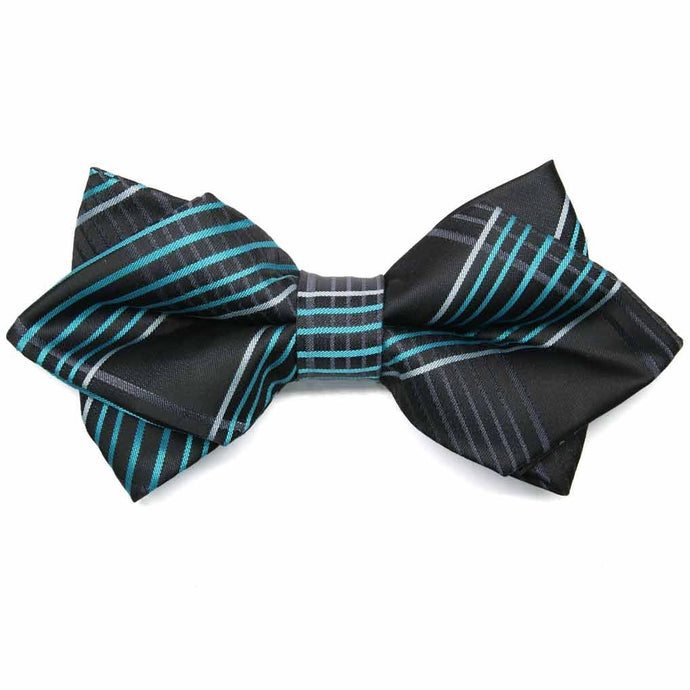 Black and turquoise plaid diamond tip bow tie, close up front view