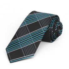 Load image into Gallery viewer, Rolled view of a slim turquoise and black plaid necktie