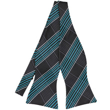 Load image into Gallery viewer, Turquoise and black plaid self-tie bow tie, untied flat front view