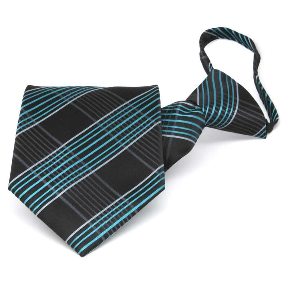 Folded front view of a black and turquoise plaid zipper tie