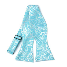 Load image into Gallery viewer, Turquoise paisley self-tie bow tie, untied front view
