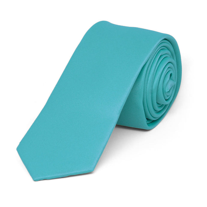 Turquoise Skinny Solid Color Necktie, 2