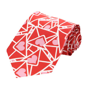A necktie with scattered Valentine heart envelopes in red and pink