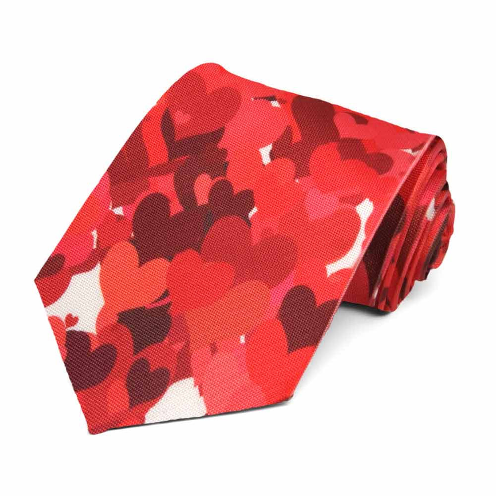 A random array of red hearts on a white tie.