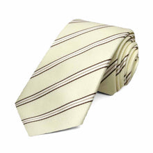 Load image into Gallery viewer, Slim cream and brown pencil striped necktie, rolled to show texture and pattern