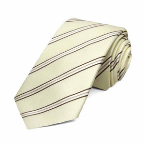 Slim cream and brown pencil striped necktie, rolled to show texture and pattern