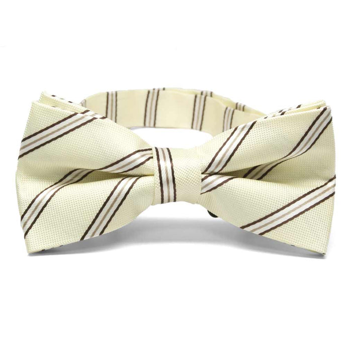 Cream and brown pencil striped bow tie, front view
