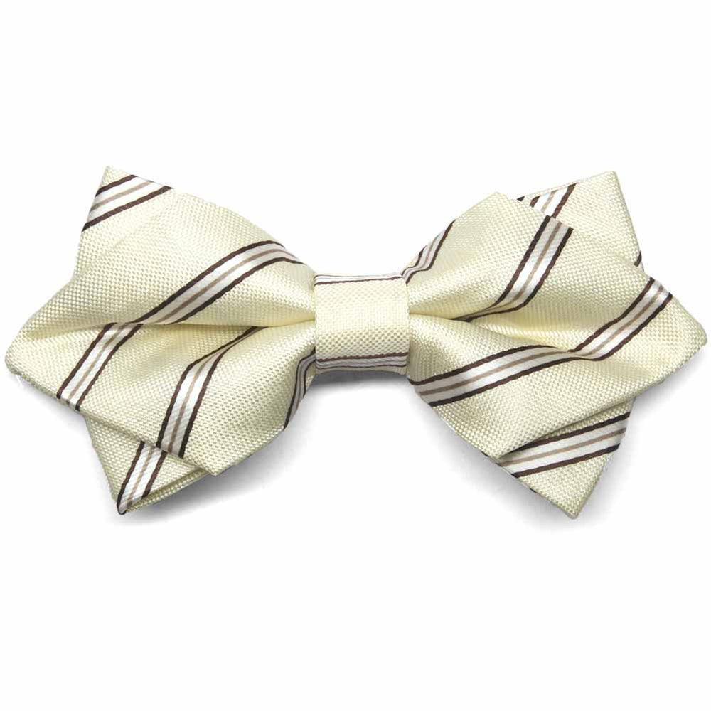 Cream and brown pencil striped diamond tip bow tie, front view