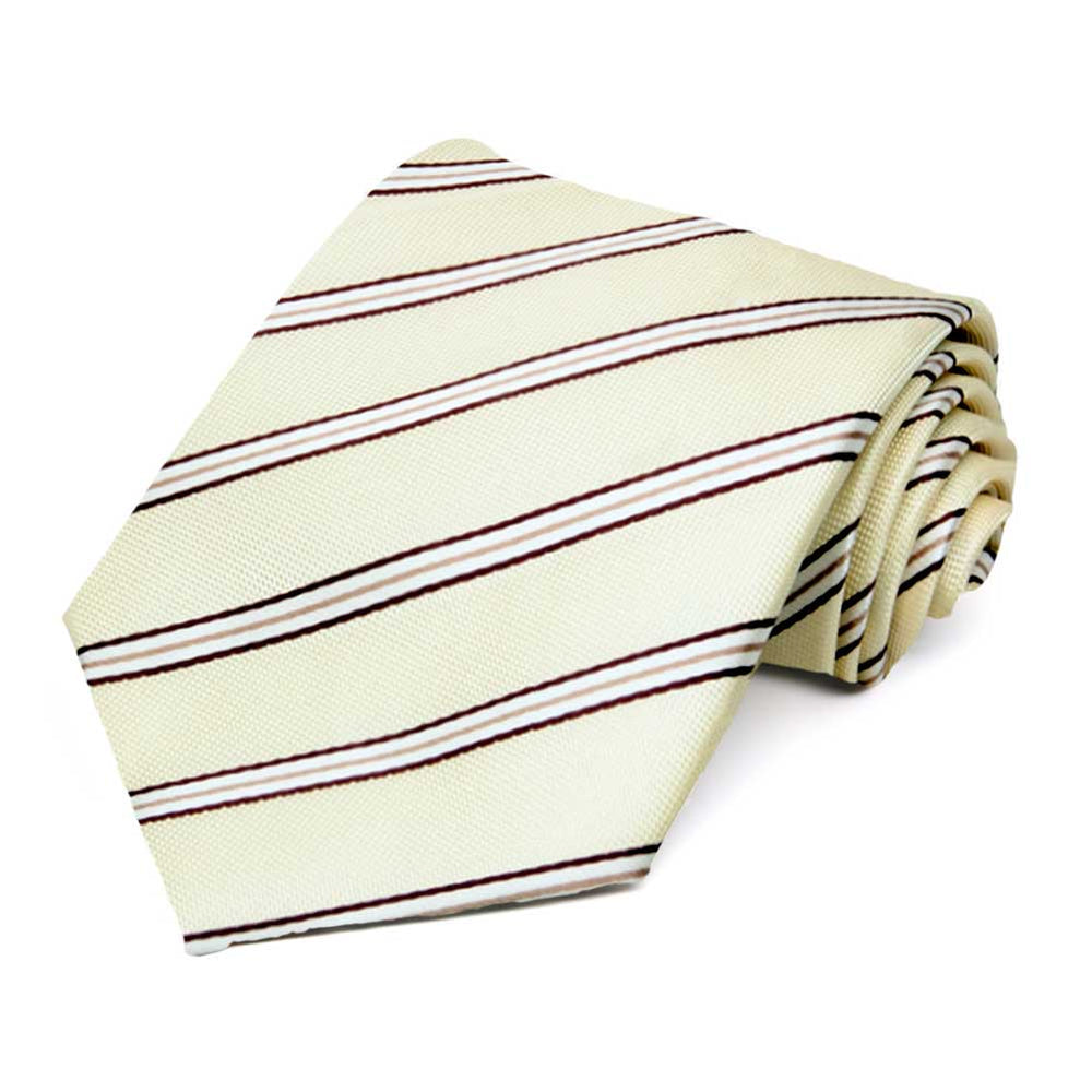 Cream and brown pencil striped necktie, rolled to show pattern and texture