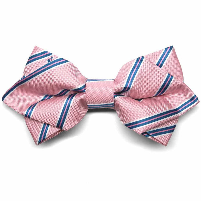 Pink, white and blue pencil striped diamond tip bow tie, close up view to show texture of fabric