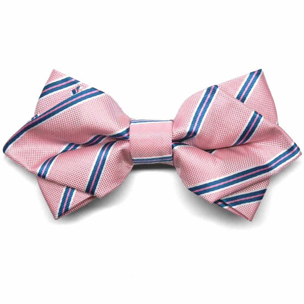 Pink, white and blue pencil striped diamond tip bow tie, close up view to show texture of fabric