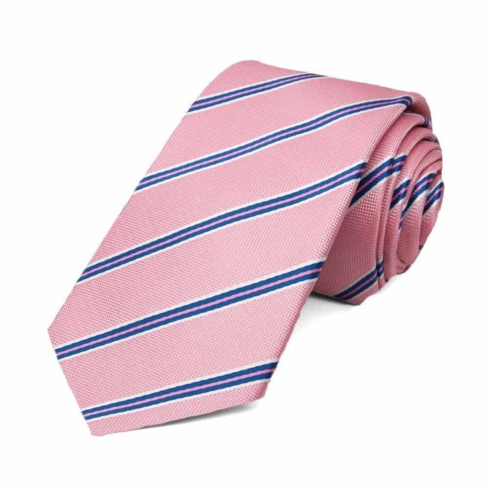 Pink, blue and white pencil striped slim necktie, rolled view