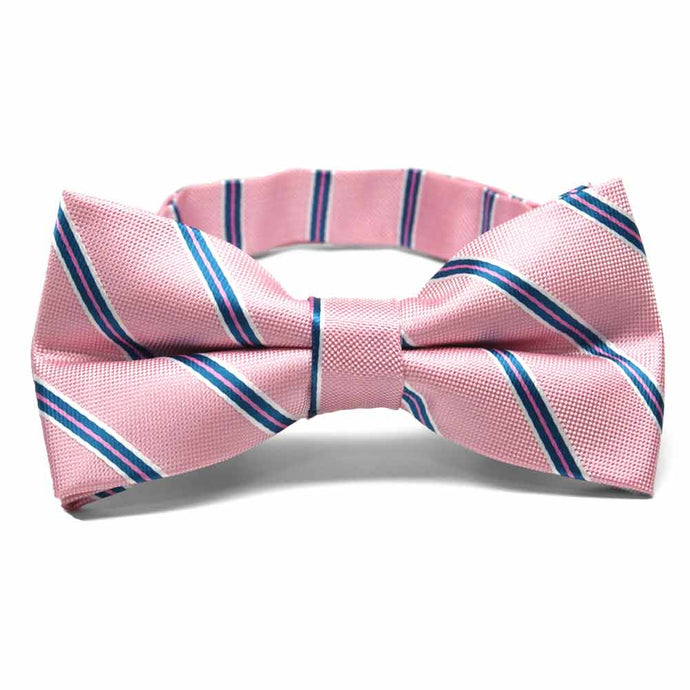 Pink, blue and white pencil striped bow tie, front view