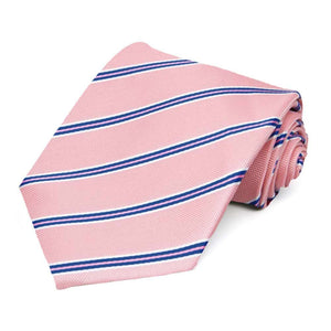 Pink, blue and white pencil striped tie, rolled to show texture of fabric