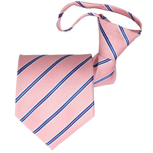 Pink, blue and white pencil striped zipper tie, folded to show the tie tip and knot