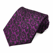 Load image into Gallery viewer, Violet and black vine pattern floral necktie rolled to show texture and details