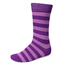 Load image into Gallery viewer, A single striped socks in two shades of purple