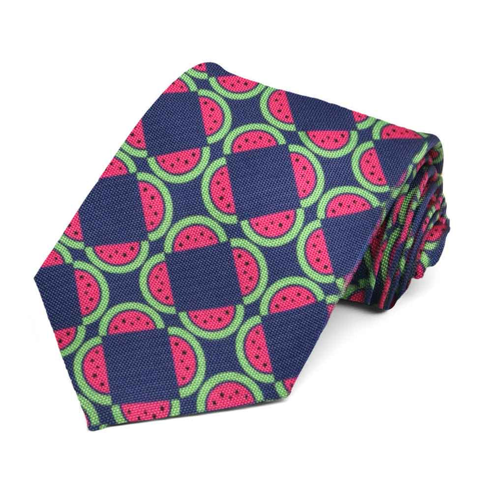 A fun watermelon novelty tie on a dark blue background