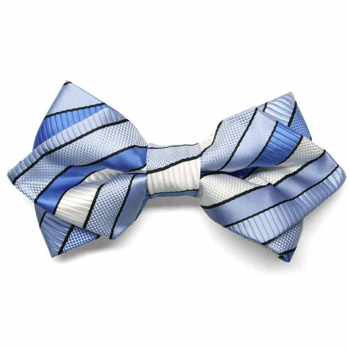 Blue and white striped diamond tip bow tie, front view to show texture