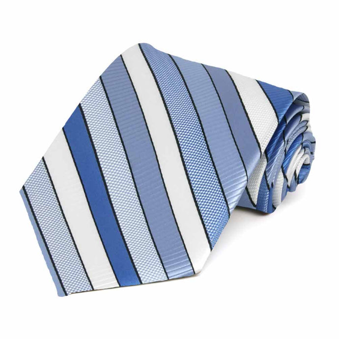 Blue and white striped extra long necktie, rolled view