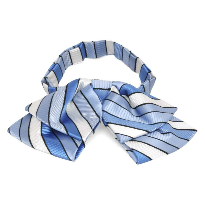Front view of a blue and white striped floppy bow tie