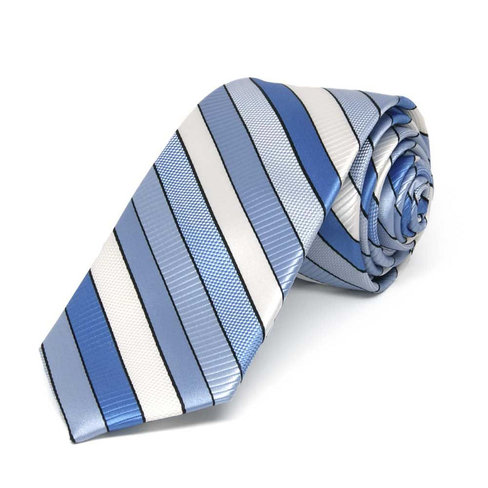 Blue and white striped slim necktie, rolled to show texture of stripes
