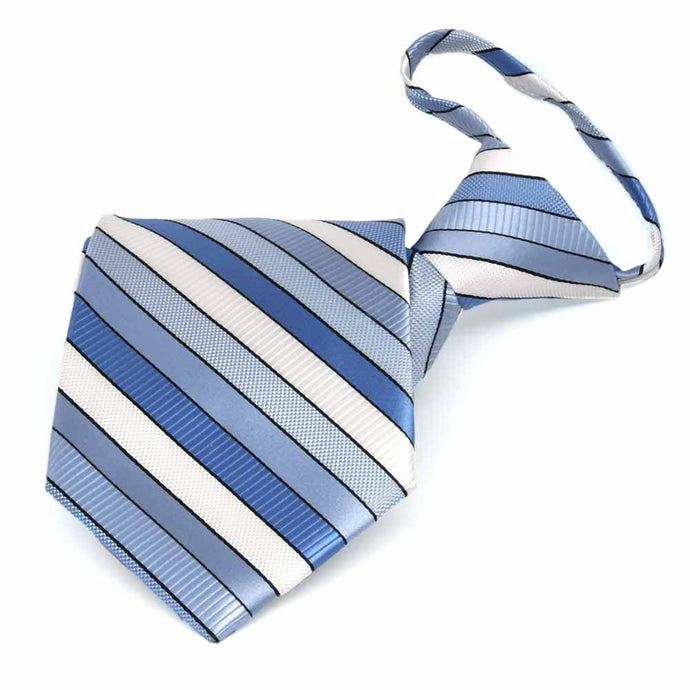 Blue and white striped zipper style tie, folded front view
