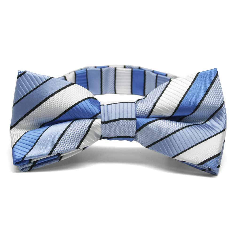 Blue and white striped bow tie, front view